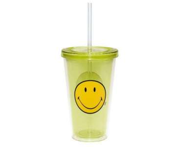 Smiley Klassik Doppelwand Becher grn m. Trinkhalm 48 cl
