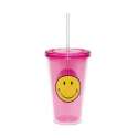 Smiley Klassik Doppelwand Becher fuchsia m. Trinkhalm 48 cl
