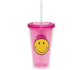 Smiley Klassik Doppelwand Becher fuchsia m. Trinkhalm 48 cl