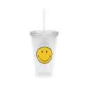 Smiley Klassik Doppelwand Becher transparent m. Trinkhalm 48