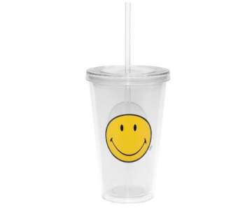 Smiley Klassik Doppelwand Becher transparent m. Trinkhalm 48