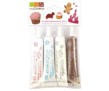 Dekostift/Tube m. 4 Farben, weiss, rosa, blau u. schocko