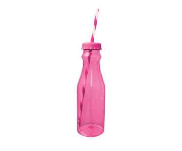 Soda Flasche m. Trinkhalm 70 cl, fuchsia/weiss