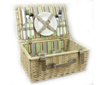 Picknick Korb fr 2 Personen, grn gestreift, 42x28x18cm