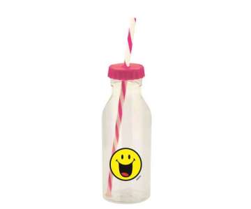 Soda Flasche m. Trinkhalm fuchsia/Emoticon happy 55cl
