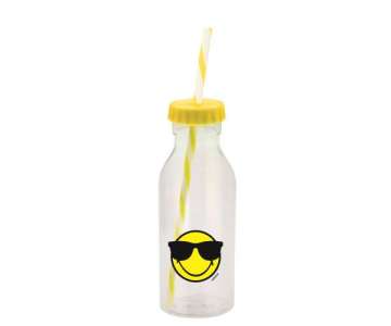 Soda Flasche m. Trinkhalm gelb/Emoticon Cool/Sonnenbri. 55cl