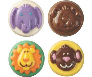 Candy Mold 8er Rund, Tierkpfe (Lwe/Elefant/Affe/Br)