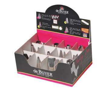 Display mit 60 Edelstahl-Spritztllen, 12 versch. Formen