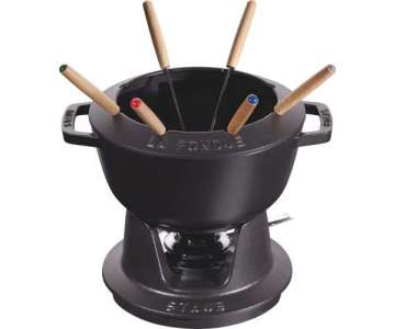 Fondue Set schwarz m. 2 Griffen, rund. 20 cm